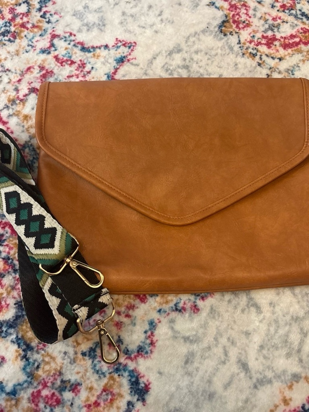 Women's Tan Envelope Crossbody Bag with Patterned Strap